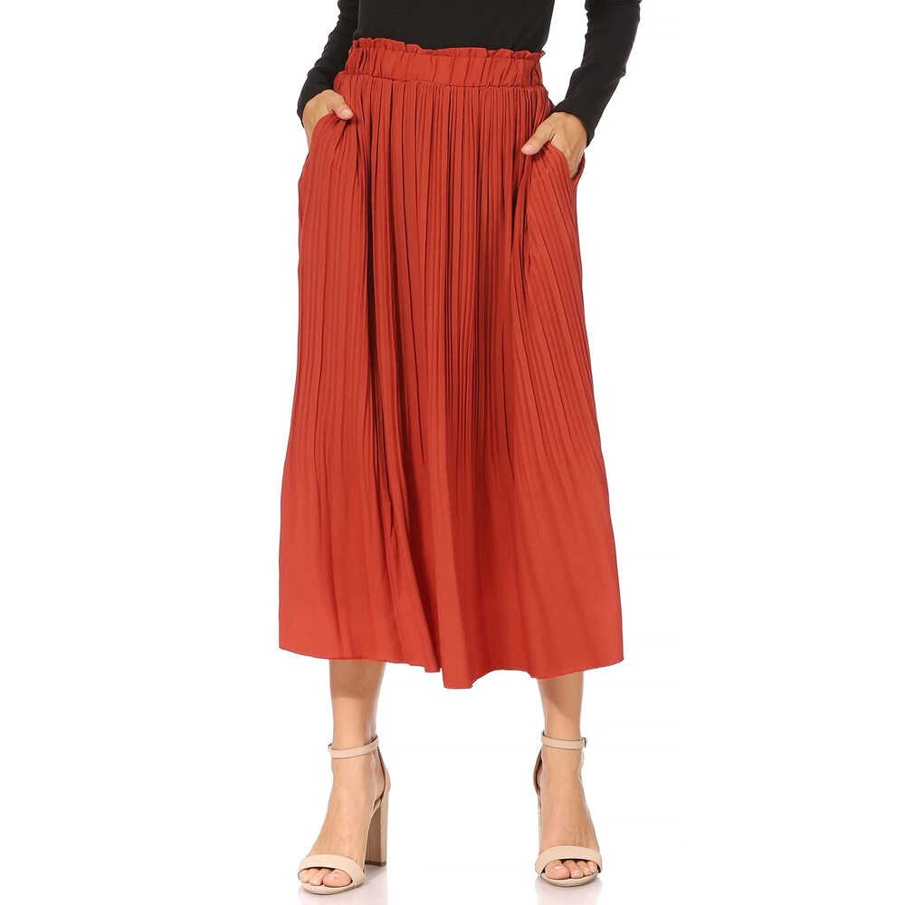 5441 Rust Pleated Winter Skirts with Pockets, Ankle Length Midi Basic Long